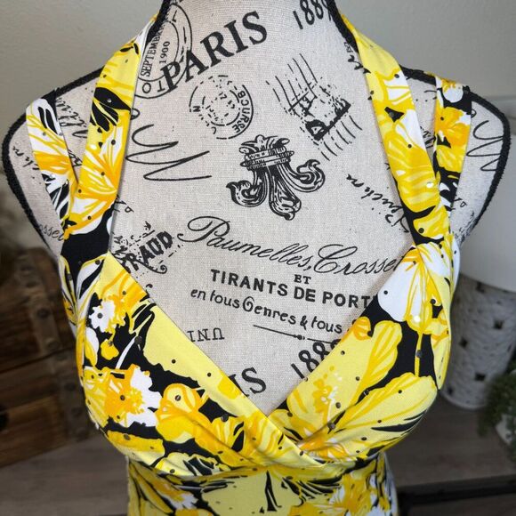 Vintage Y2k Cache Floral Yellow Halter Top Size L Rhinestones Bright Summer - Picture 2 of 10